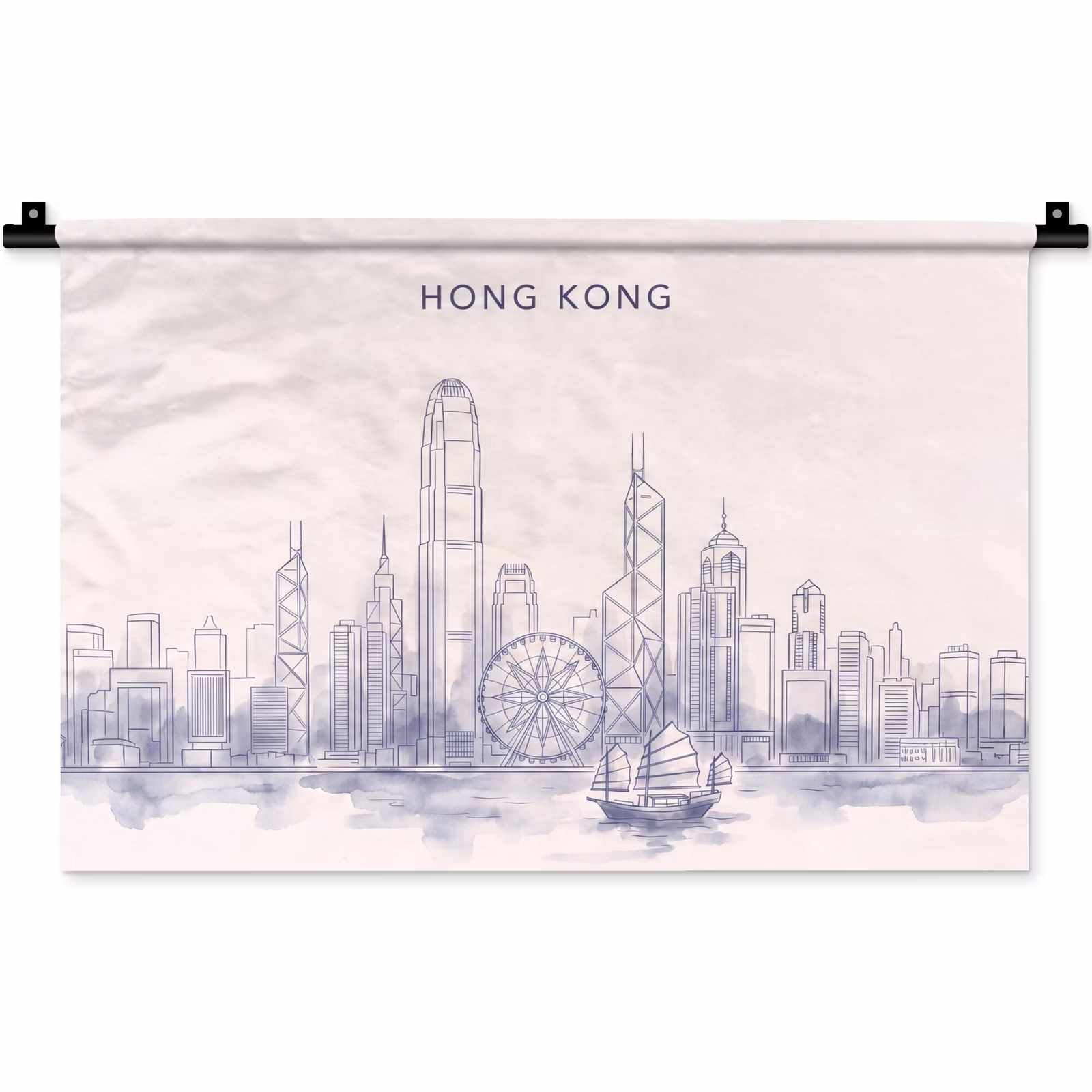 Wandkleed - Stad - Skyline - Water - Lijntekening - Blauw — 1