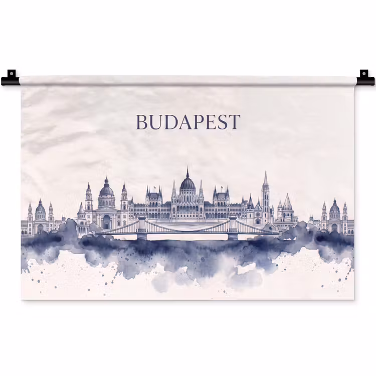 Wandkleed - Boedapest - Skyline - Architectuur - Aquarel - Blauw — 1