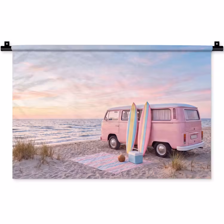 Wandkleed - Busje - Strand - Surfplank - Zomer - Roze — 1