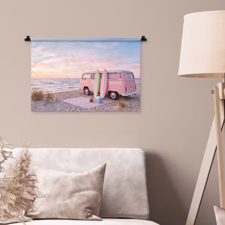 Wandkleed - Busje - Strand - Surfplank - Zomer - Roze — 2