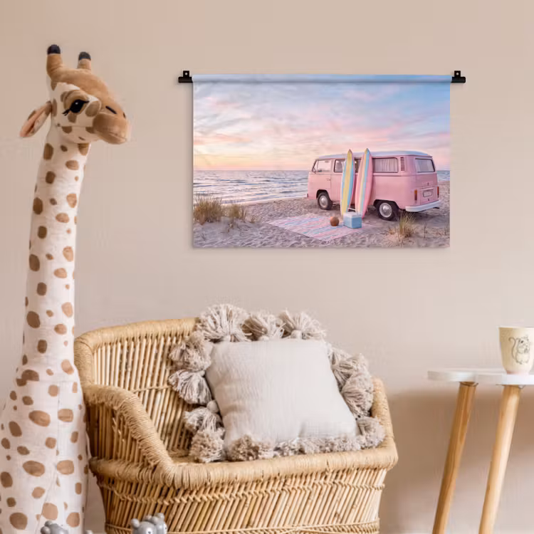 Wandkleed - Busje - Strand - Surfplank - Zomer - Roze — 5
