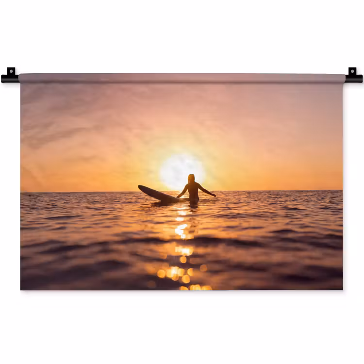 Wandkleed - Persoon - Surfen - Zonsondergang - Zee - Oranje — 1