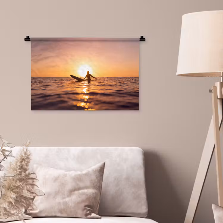 Wandkleed - Persoon - Surfen - Zonsondergang - Zee - Oranje — 2