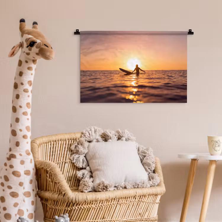 Wandkleed - Persoon - Surfen - Zonsondergang - Zee - Oranje — 5