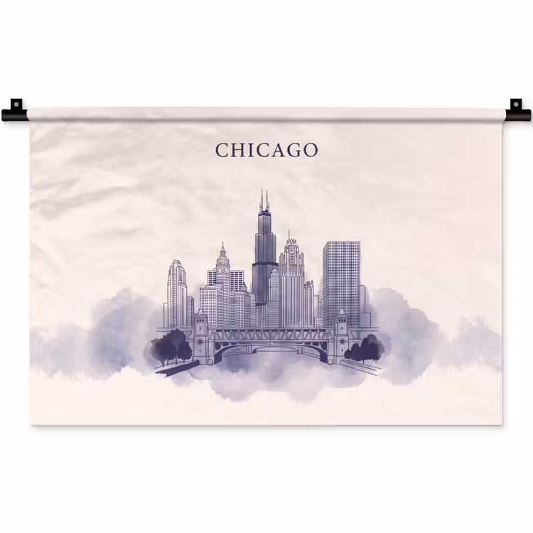Wandkleed - Stad - Skyline - Architectuur - Lijntekening - Blauw — 1
