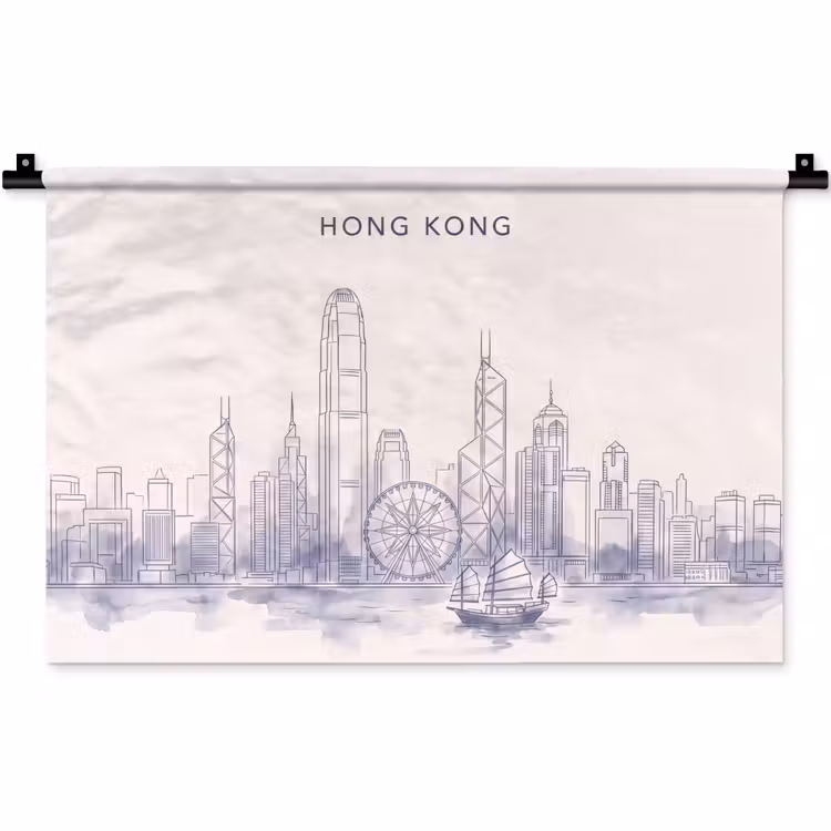 Wandkleed - Stad - Skyline - Water - Lijntekening - Blauw — 1