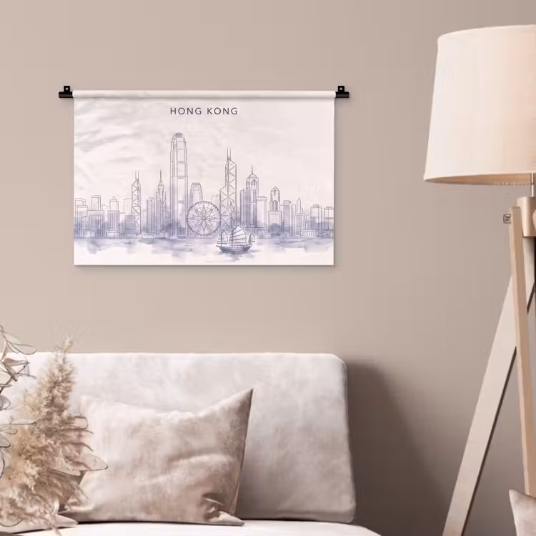 Wandkleed - Stad - Skyline - Water - Lijntekening - Blauw — 2