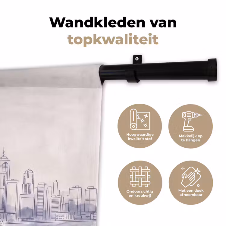 Wandkleed - Stad - Skyline - Water - Lijntekening - Blauw — 3