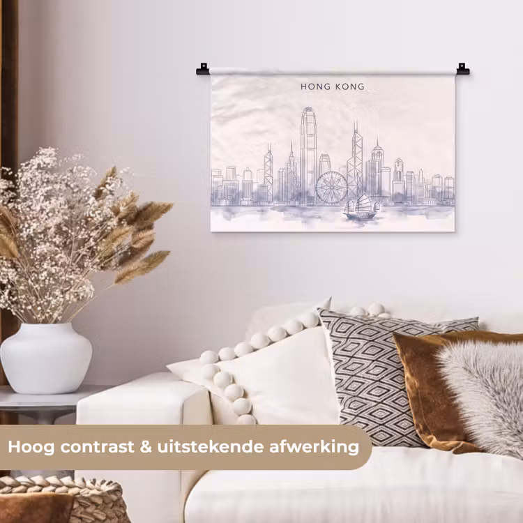 Wandkleed - Stad - Skyline - Water - Lijntekening - Blauw — 4