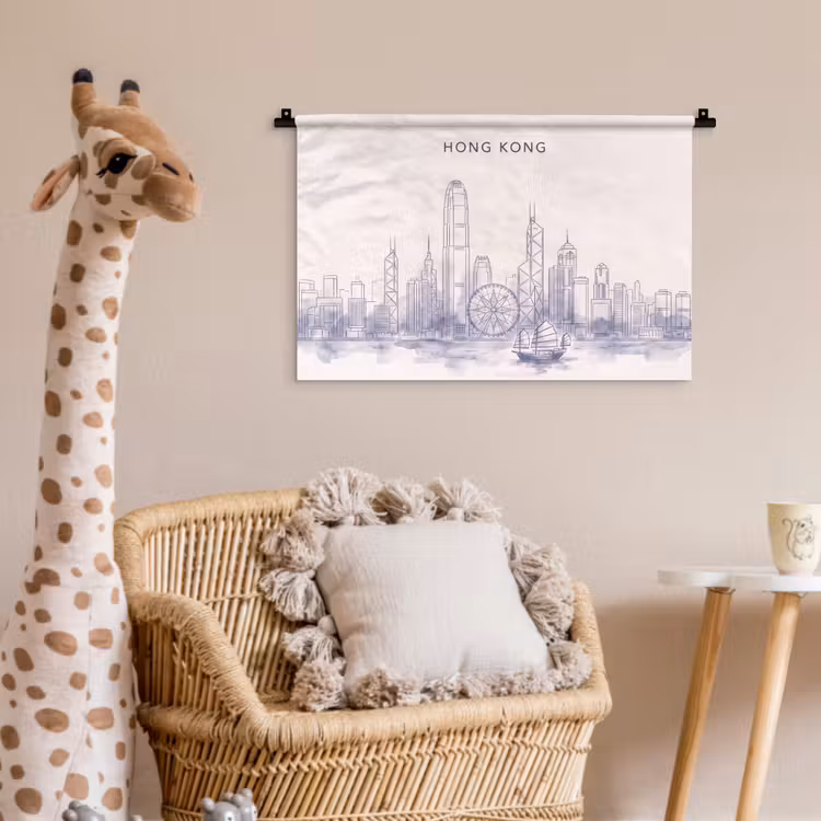 Wandkleed - Stad - Skyline - Water - Lijntekening - Blauw — 5