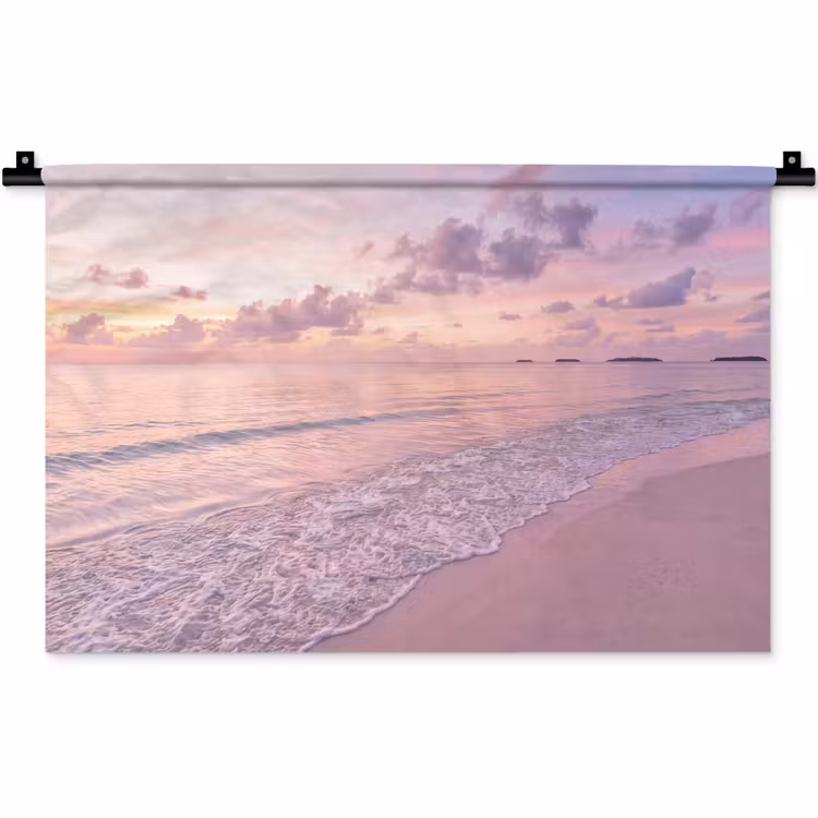 Wandkleed - Strand - Zonsondergang - Natuur - Minimalistisch - Roze — 1