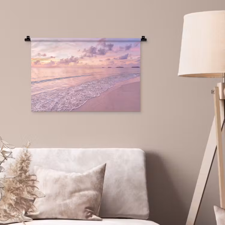 Wandkleed - Strand - Zonsondergang - Natuur - Minimalistisch - Roze — 2