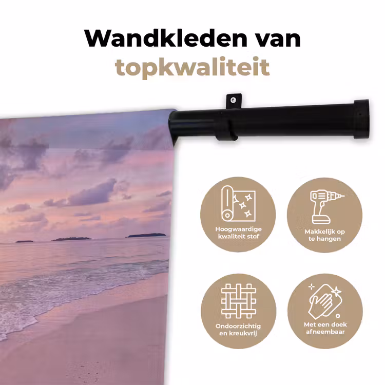 Wandkleed - Strand - Zonsondergang - Natuur - Minimalistisch - Roze — 3