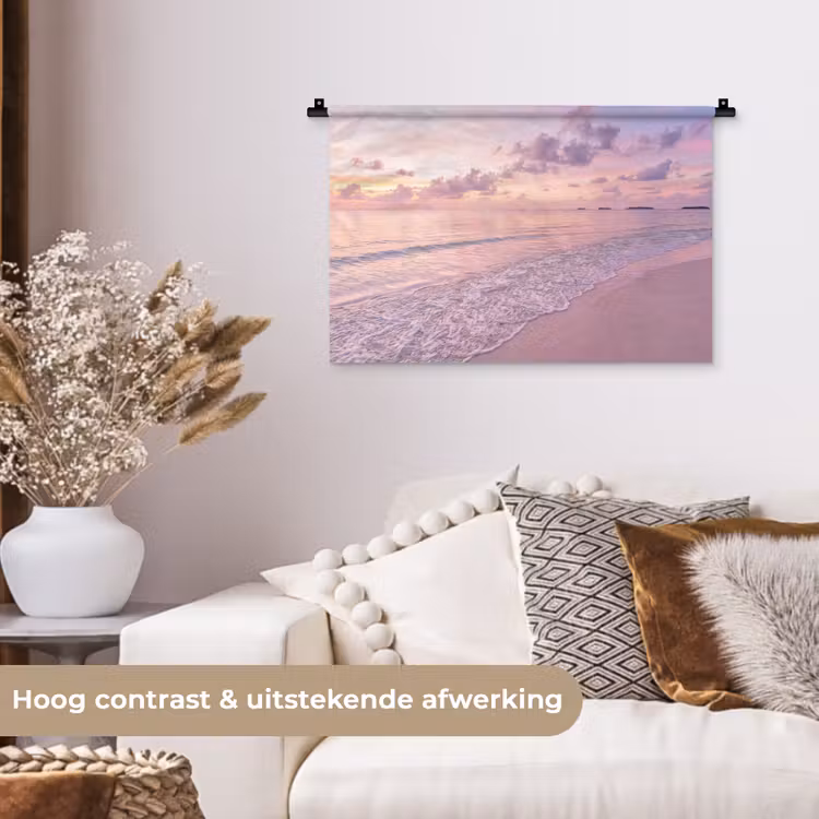 Wandkleed - Strand - Zonsondergang - Natuur - Minimalistisch - Roze — 4