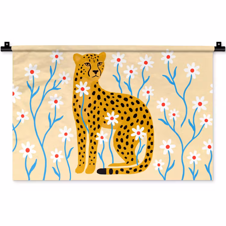 Wandkleed - Dieren - Jachtluipaard - Bloemen - Modern - Geel — 1