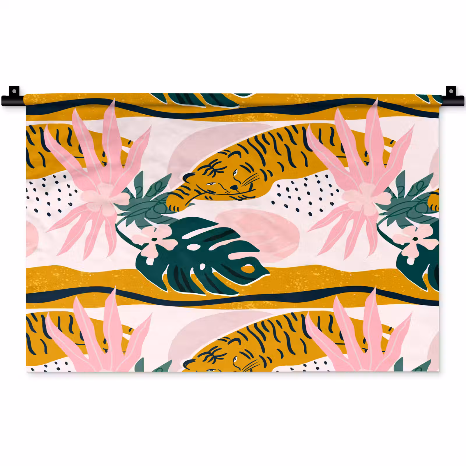 Wandkleed - Tropisch - Tijger - Bladeren - Roze - Oranje — 1