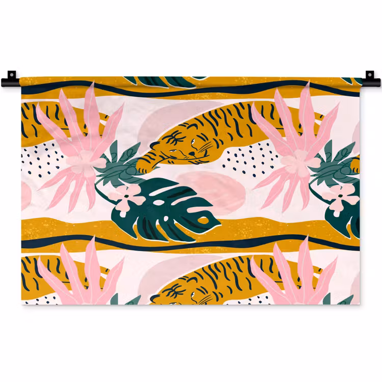 Wandkleed - Tropisch - Tijger - Bladeren - Roze - Oranje — 1