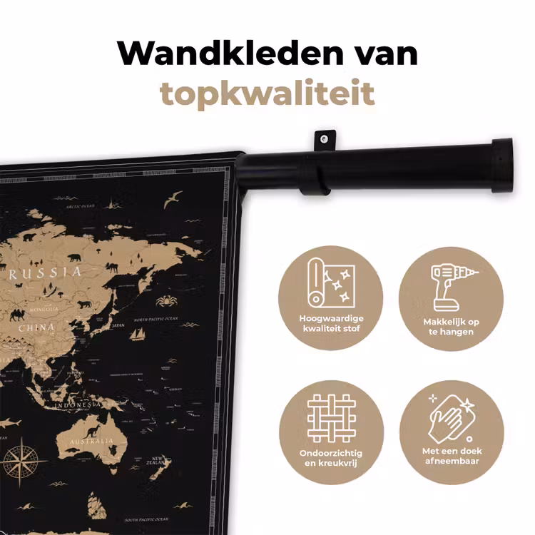 Wandkleed - Wereldkaart - Beige - Zwart — 3