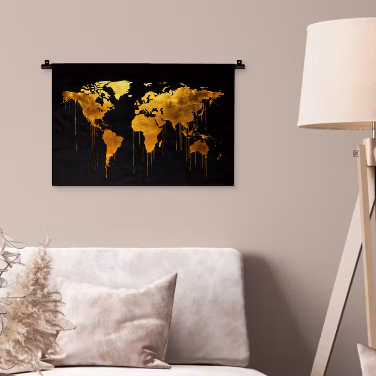 Wandkleed - Wereldkaart - Goud - Druipen - Zwart — 2