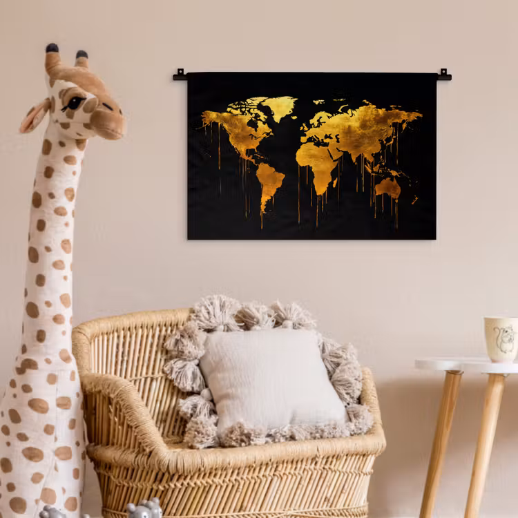 Wandkleed - Wereldkaart - Goud - Druipen - Zwart — 5