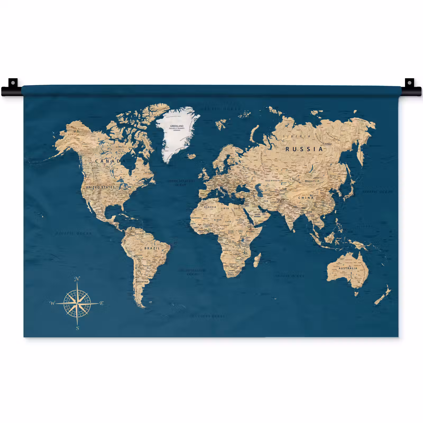Wandkleed - Wereldkaart - Donkerblauw - Beige — 1