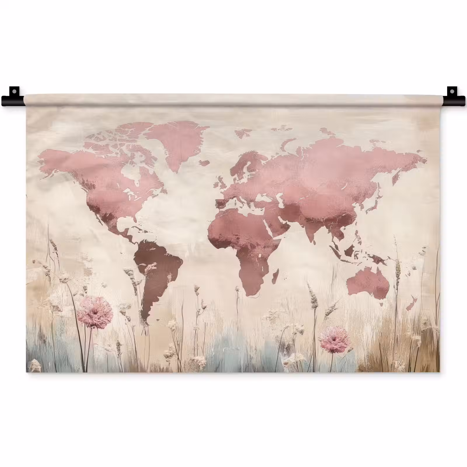 Wandkleed - Wereldkaart - Roze - Bloemen — 1