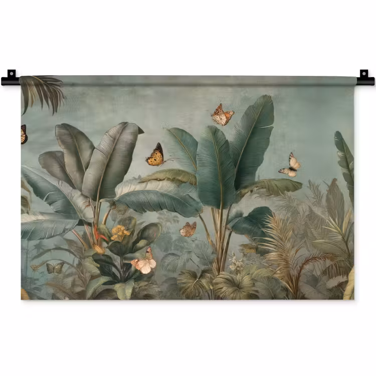 Wandkleed - Tropisch bladerdek - Vlinders - groen - Bruin — 1
