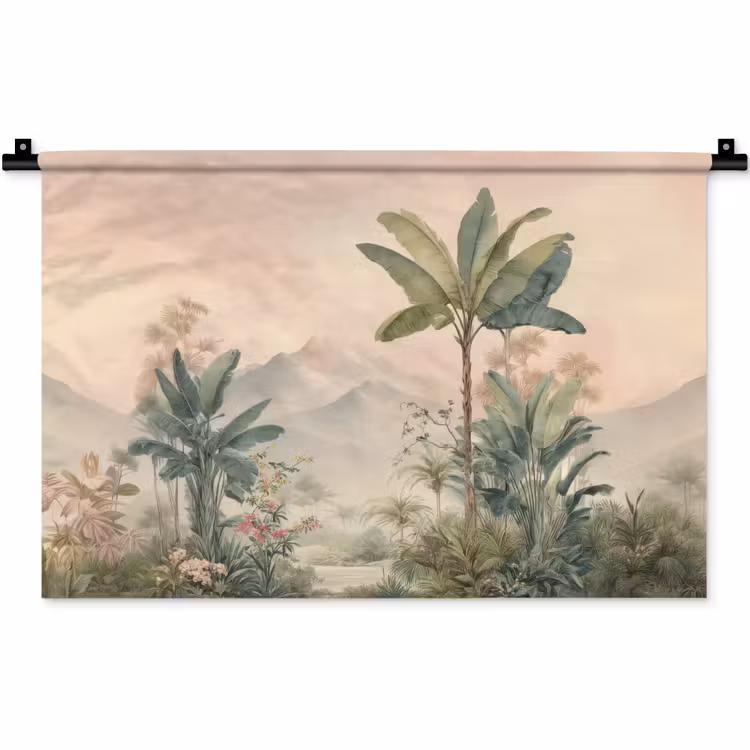Wandkleed - Tropisch landschap - palmbomen - Bloemen - Roze lucht — 1