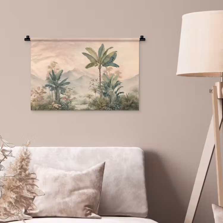 Wandkleed - Tropisch landschap - palmbomen - Bloemen - Roze lucht — 2