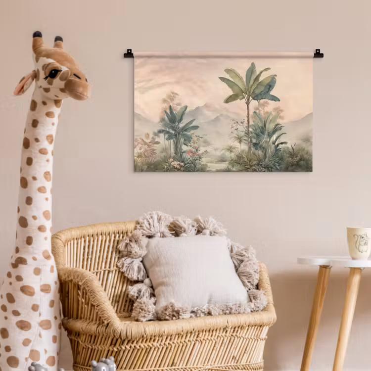 Wandkleed - Tropisch landschap - palmbomen - Bloemen - Roze lucht — 5
