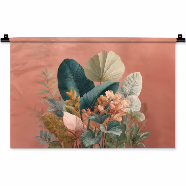 Wandkleed - Tropische bladeren - Bloemen - Roze - groen — 1