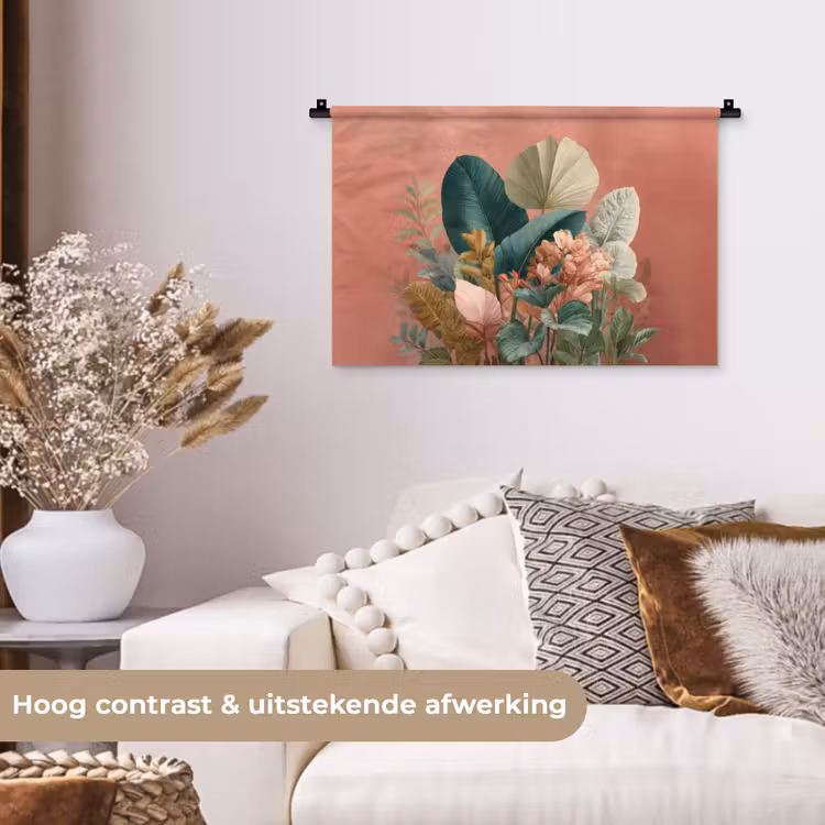 Wandkleed - Tropische bladeren - Bloemen - Roze - groen — 4