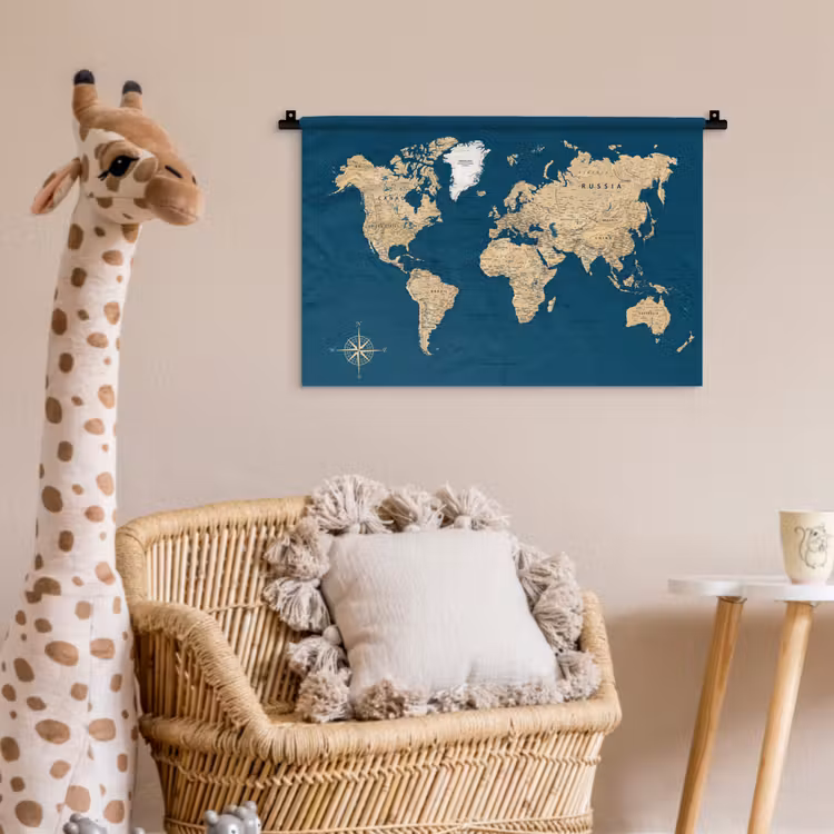 Wandkleed - Wereldkaart - Donkerblauw - Beige — 5