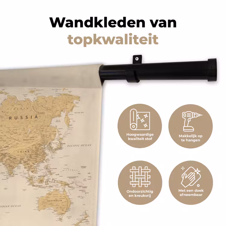 Wandkleed - Wereldkaart - Realistisch - Beige — 3