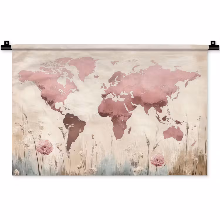 Wandkleed - Wereldkaart - Roze - Bloemen — 1