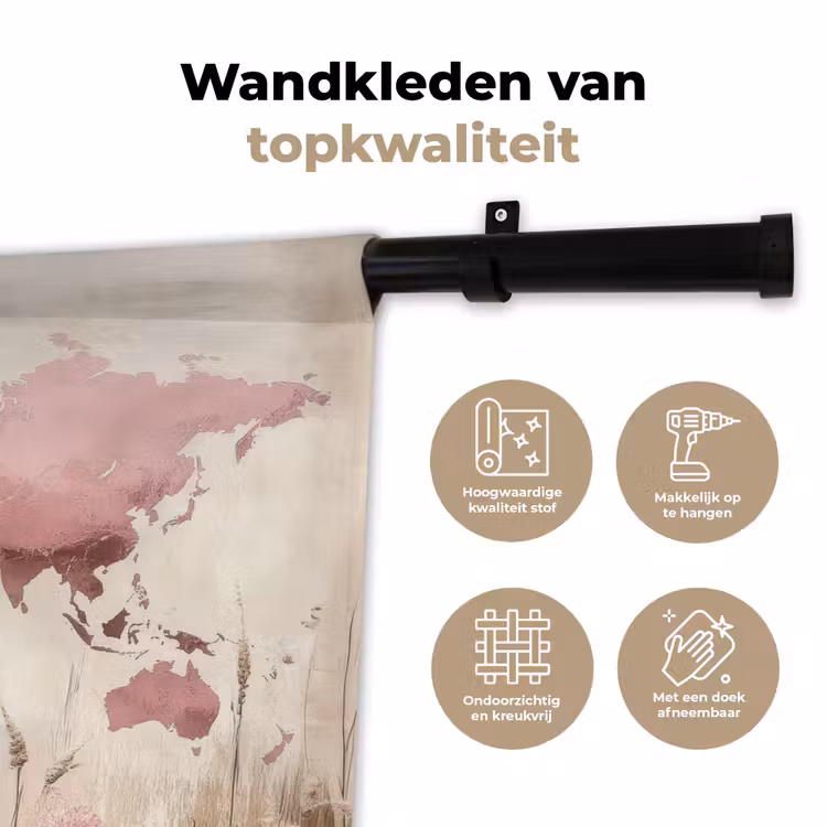 Wandkleed - Wereldkaart - Roze - Bloemen — 3