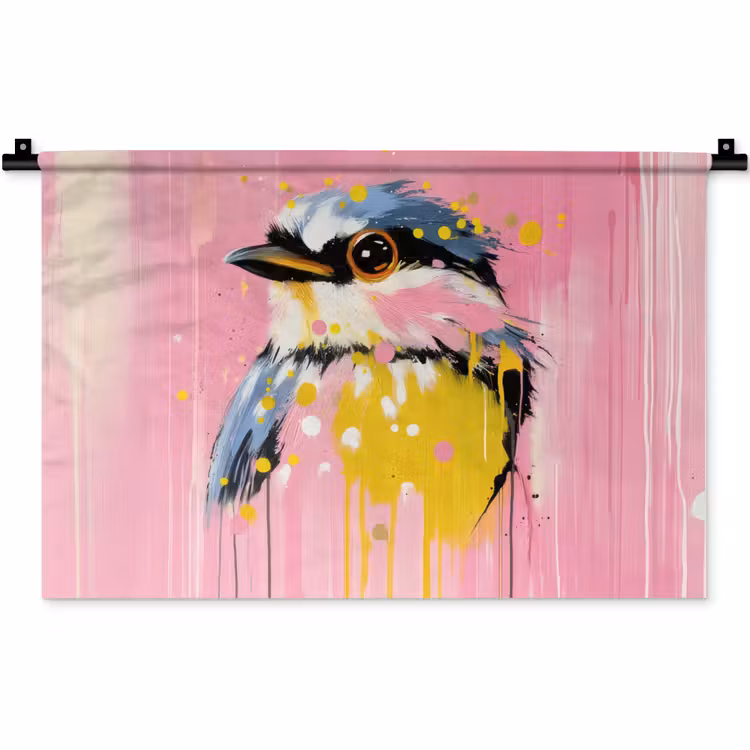 Wandkleed - Vogel - Roze - Geel - Blauw — 1