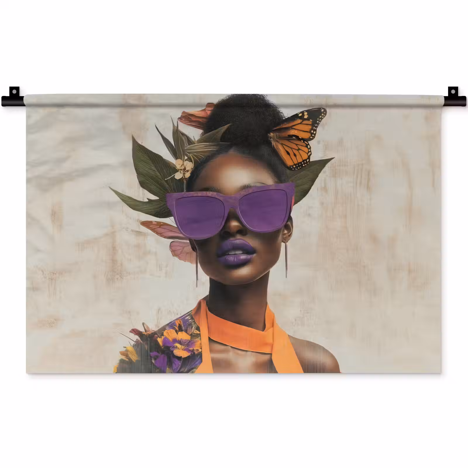 Wandkleed - Vrouw - Zonnebril - Vlinder - Bloemen — 1