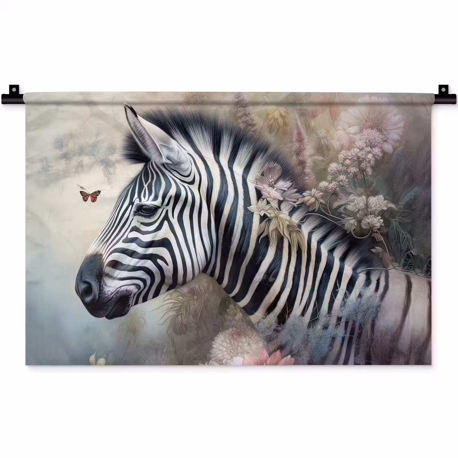 Wandkleed - Zebra - Wilde dieren - Vlinder - Bloemen — 1