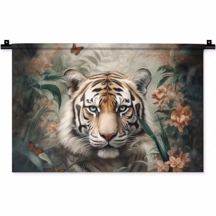 Wandkleed - Tijger - Vlinders - Dieren - Jungle - Bloemen — 1