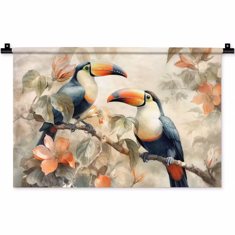 Wandkleed - Toekan - Vogels - Bloemen - Tak — 1