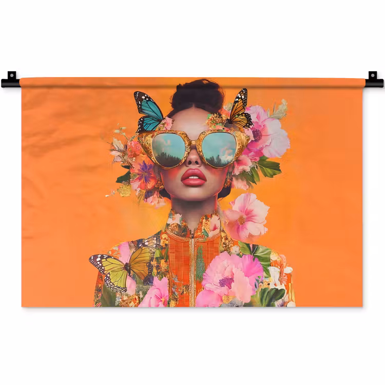 Wandkleed - Vlinders - Vrouw - Zonnebril - Kleurrijk — 1