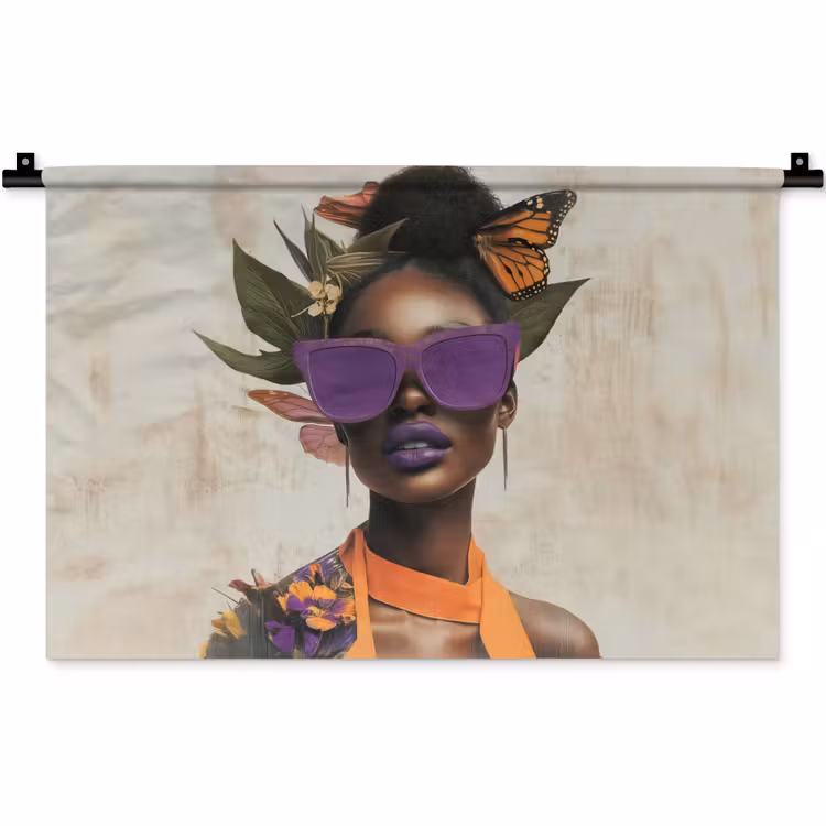 Wandkleed - Vrouw - Zonnebril - Vlinder - Bloemen — 1
