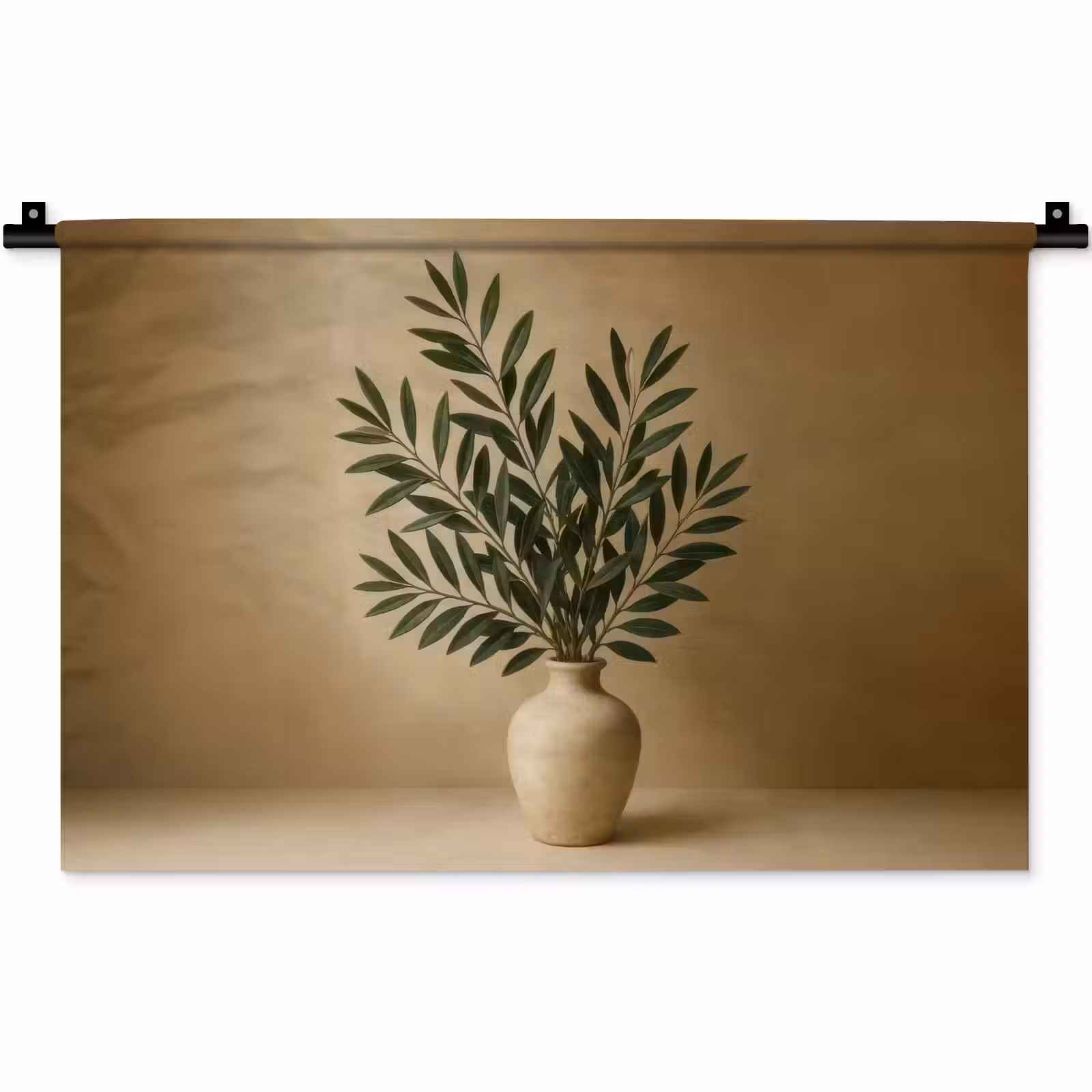 Wandkleed - Vaas - Olijftakken - Bladeren - Beige — 1
