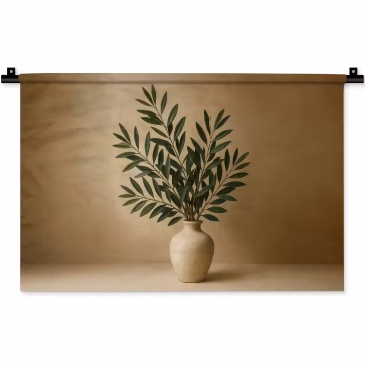 Wandkleed - Vaas - Olijftakken - Bladeren - Beige — 1