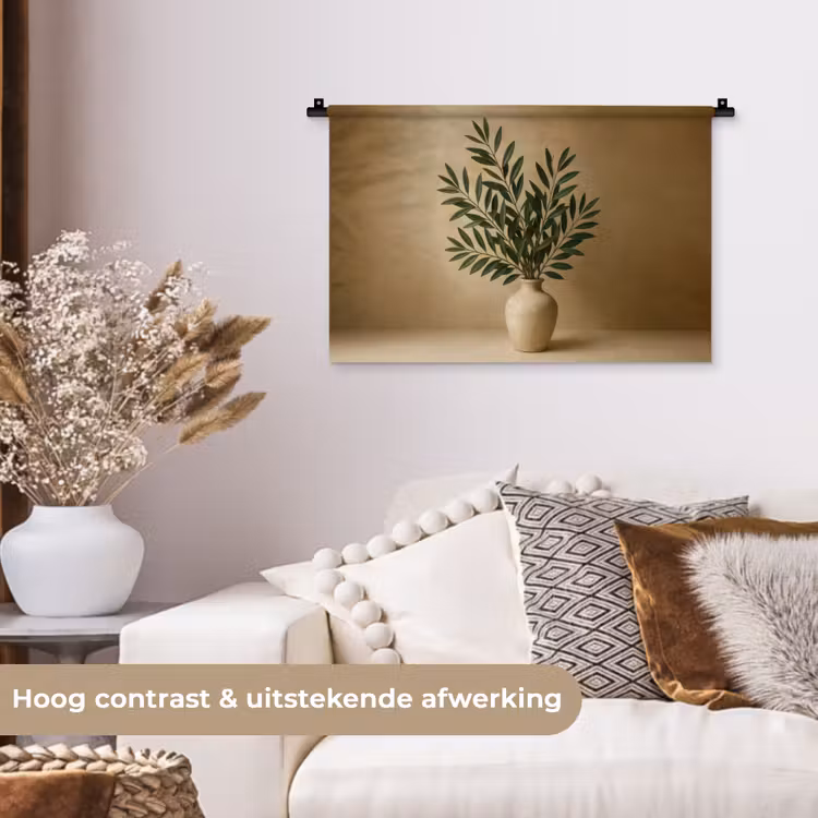 Wandkleed - Vaas - Olijftakken - Bladeren - Beige — 4