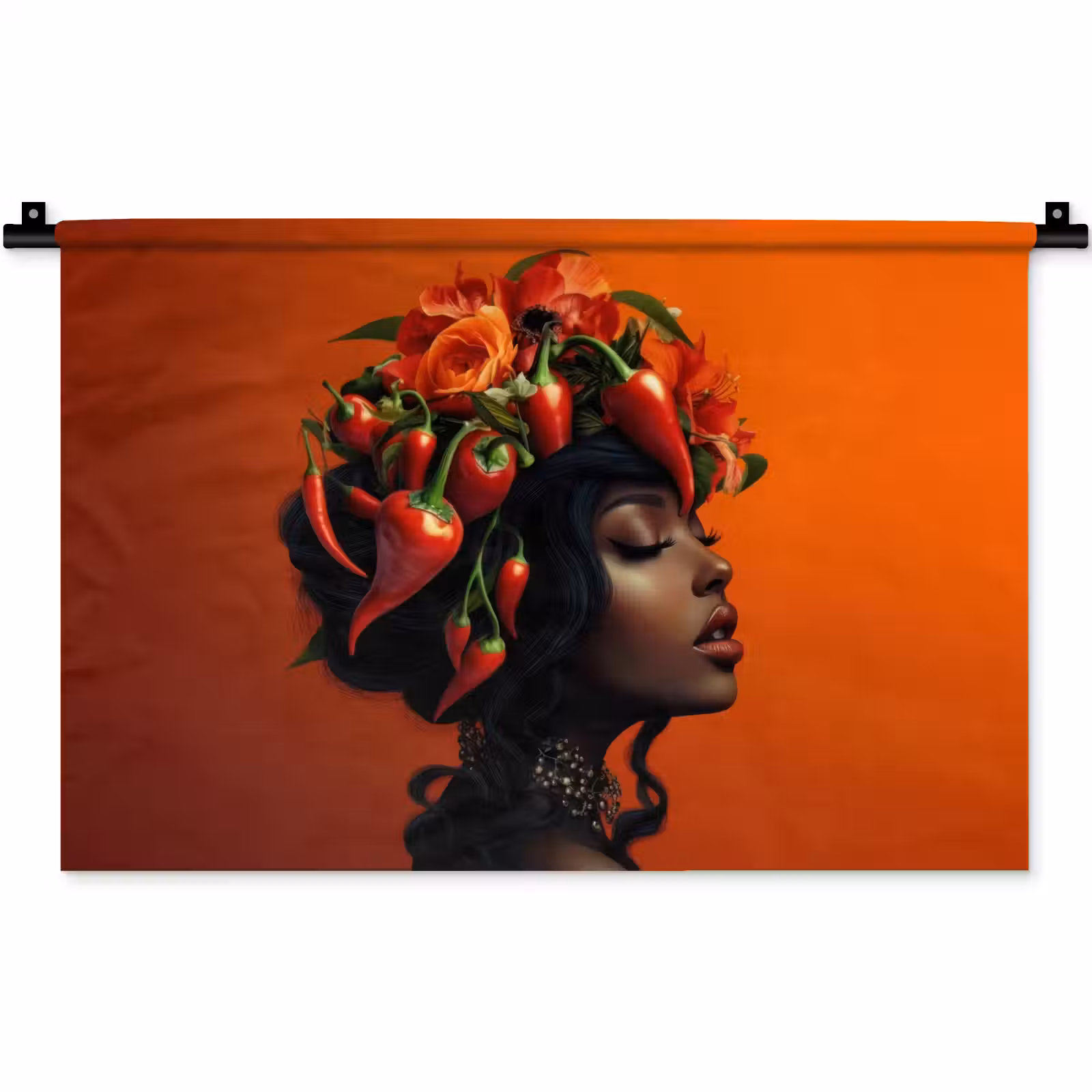 Wandkleed - Vrouw - Chilipepers - Pepers - Bloemen — 1
