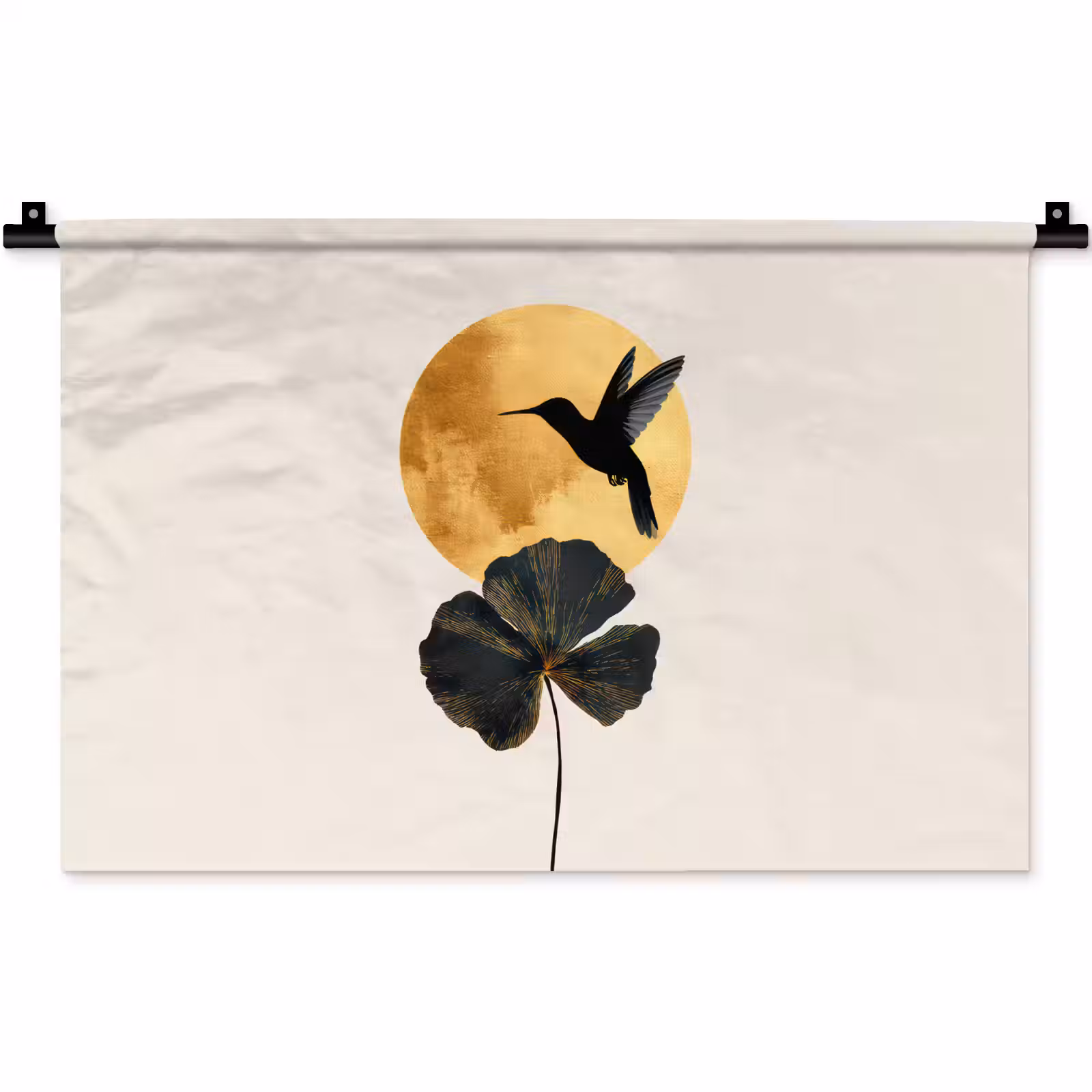 Wandkleed - Zwarte kolibrie - Bloem - Gouden cirkel — 1