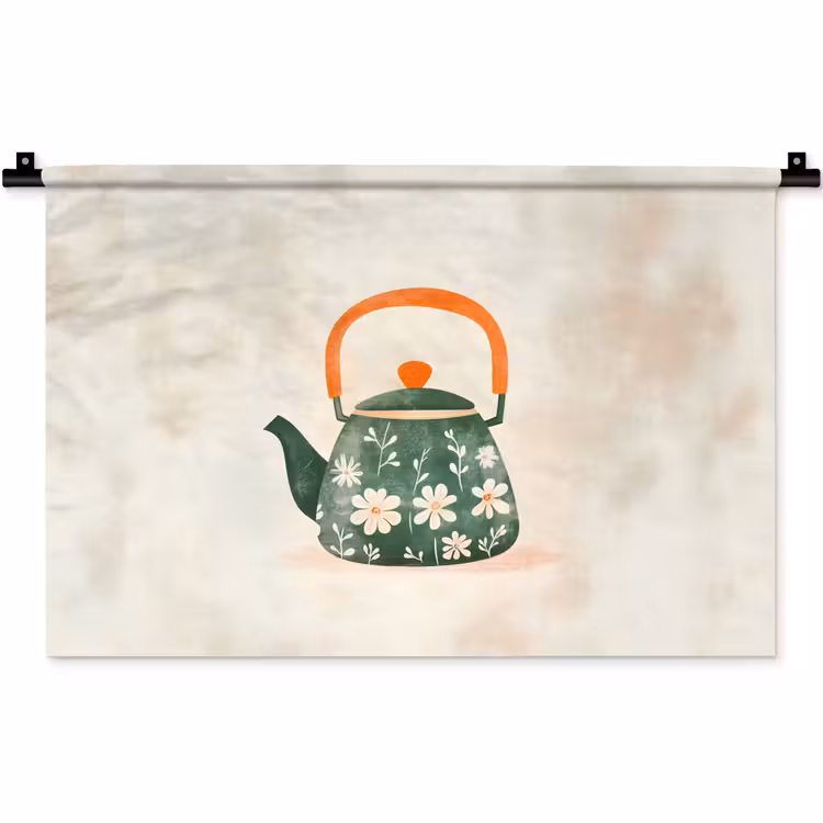 Wandkleed - Theepot - Groen - Bloemen - Oranje — 1
