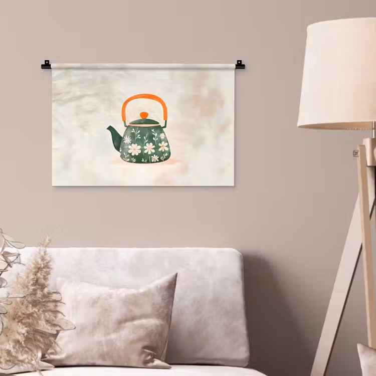 Wandkleed - Theepot - Groen - Bloemen - Oranje — 2
